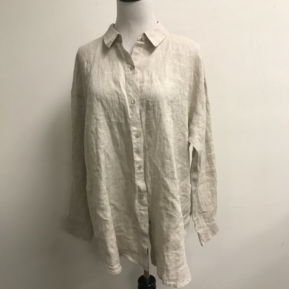 Eileen Fisher beige wheat 100% linen button front long sleeve shirt classic L